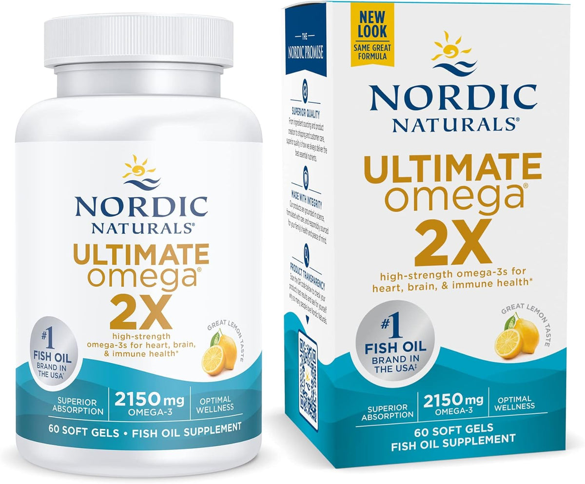 Nordic Naturals Ultimate Omega 2X, Lemon Flavor - 60 Soft Gels - 2150 mg Omega-3 - High-Potency Fish Oil with EPA &amp; DHA - Promotes Brain &amp; Heart Health - Non-GMO - 30 Servings
