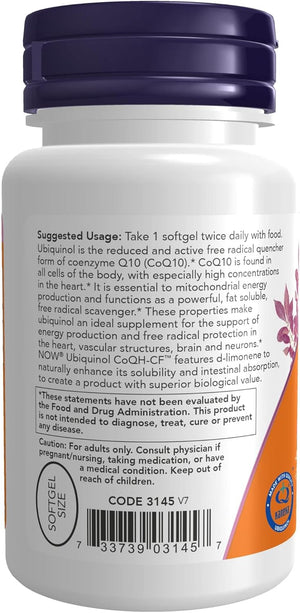 NOW Foods Supplements, Ubiquinol CoQH-CF™ (the Active Form of CoQ10 - 50 mg with Superior Bioavailability), 60 Softgels