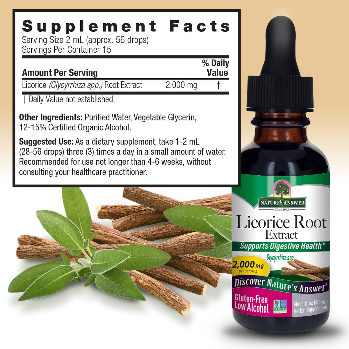 Nature&#39;s Answer Organic Low Alcohol Licorice Root 2000mg 1oz Extract | Digestion Support | Natural Immune Booster | Promotes Lung Function | Gluten-Free, Non-GMO, Vegan | Single Count