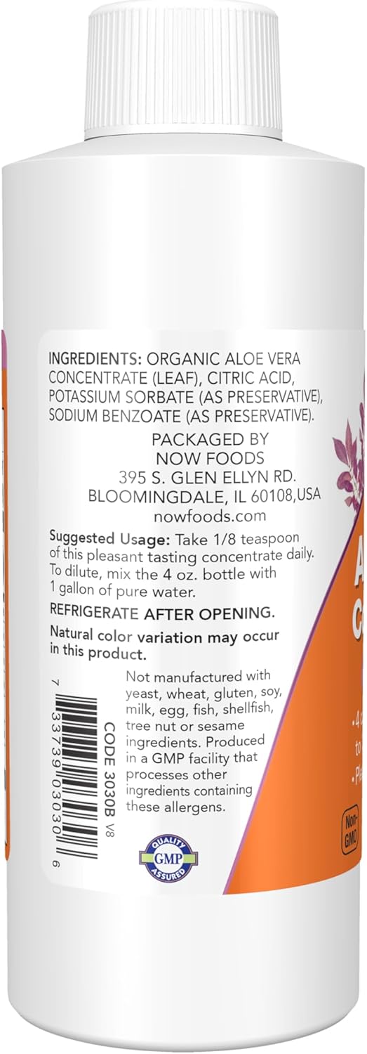 NOW Foods Supplements, Aloe Vera Concentrate (40:1 Concentrate Contains Active Polysaccharides), 4-Ounce