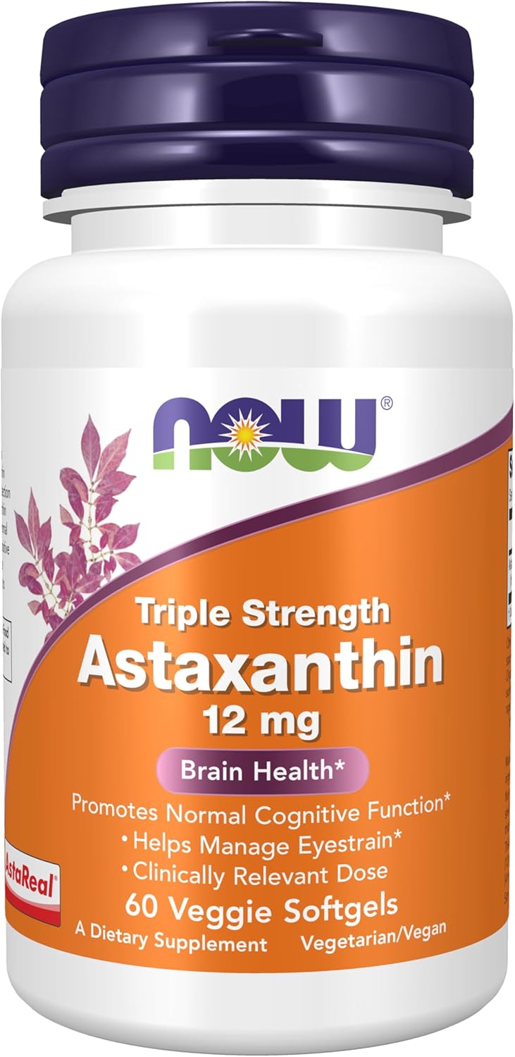 NOW Supplements, Triple Strength Astaxanthin 12 mg, Triple Strength, Brain Health*, Helps Manage Eye Strain*, 60 Veggie Softgels