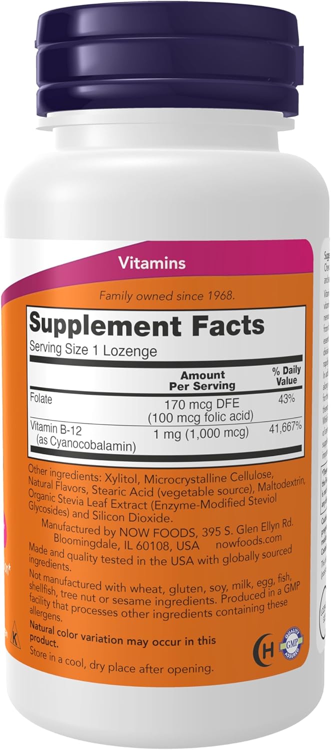 NOW Foods Supplements, Vitamin B-12 1,000 mcg with Folic Acid, Nervous System Health*, 250 Chewable Lozenges
