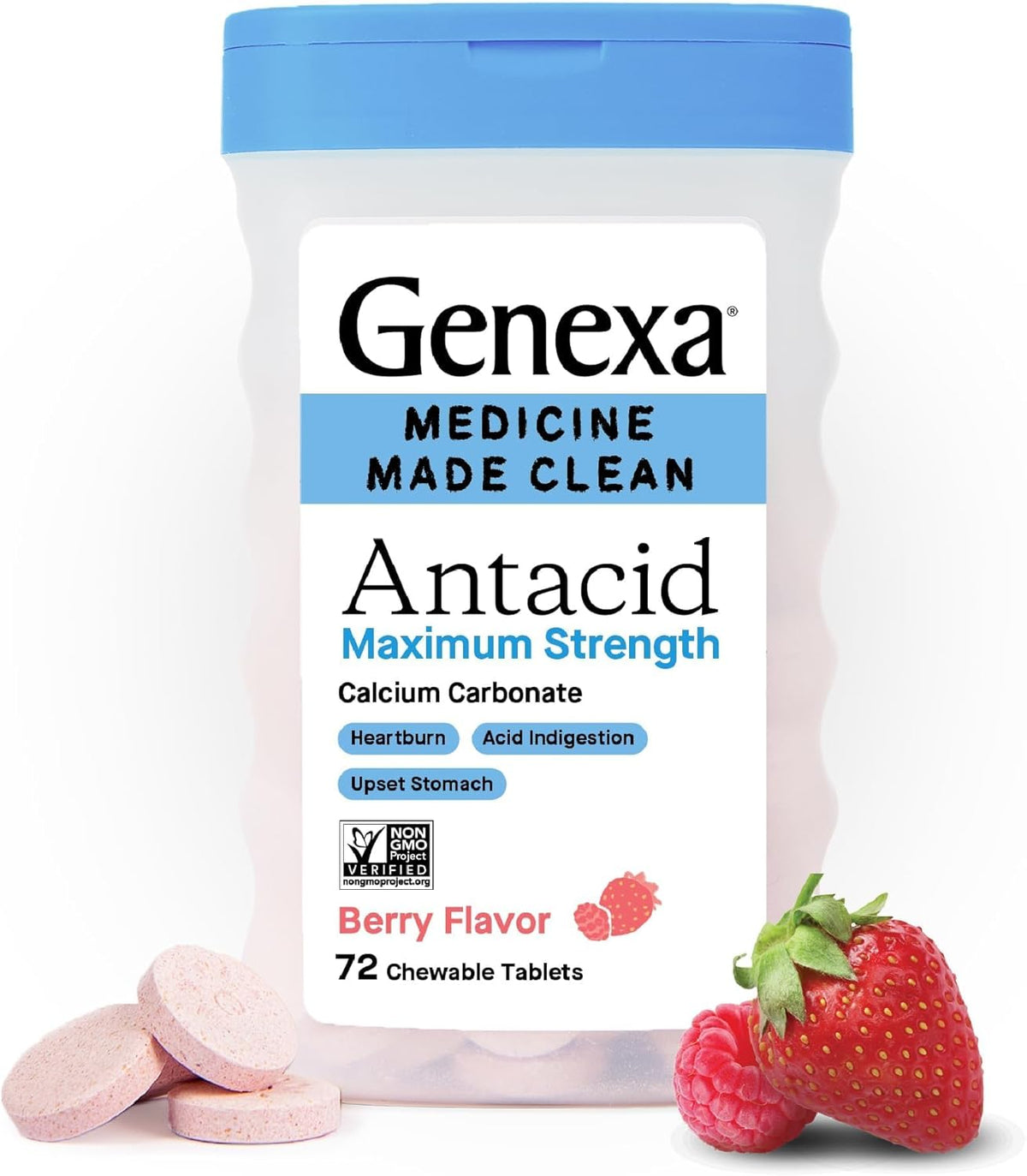 Genexa Clean Antacid Maximum Strength Chewable Tablets, Dye Free, 0% Artificial Additives, Calcium Carbonate Relief for Heartburn, Acid Indigestion, &amp; Upset Stomach, Organic Berry Flavor, 72 ct
