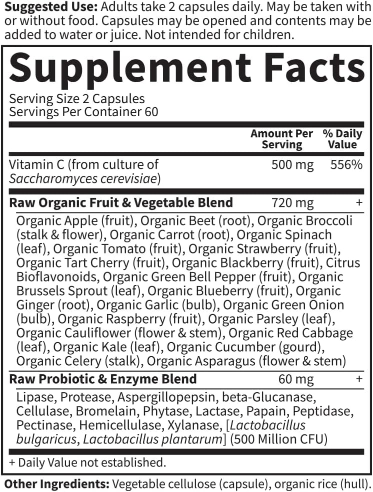 Garden of Life - Vitamin Code Raw VitaminC - 120 Vegan Capsules, 500mg Whole Food VitaminC with Bioflavonoids, Fruits &amp; Veggies, Probiotics, Gluten Free Vitamin-C Supplements for Adults