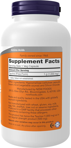 NOW Foods Supplements, Taurine 1,000 mg, Double Strength, Nervous System Health*, 250 Veg Capsules