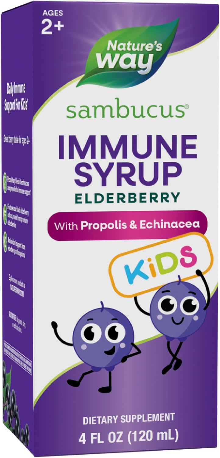 Nature&#39;s Way Sambucus Elderberry Immune Syrup for Kids Ages 2+, with Echinacea &amp; Propolis, Immune Support Syrup*, Vegetarian, Berry Flavored, 4 Fl Oz