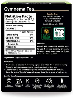 Organic Gymnema Sylvestre Leaf Tea - Kosher, Caffeine Free, GMO-Free - 18 Bleach Free Tea Bags