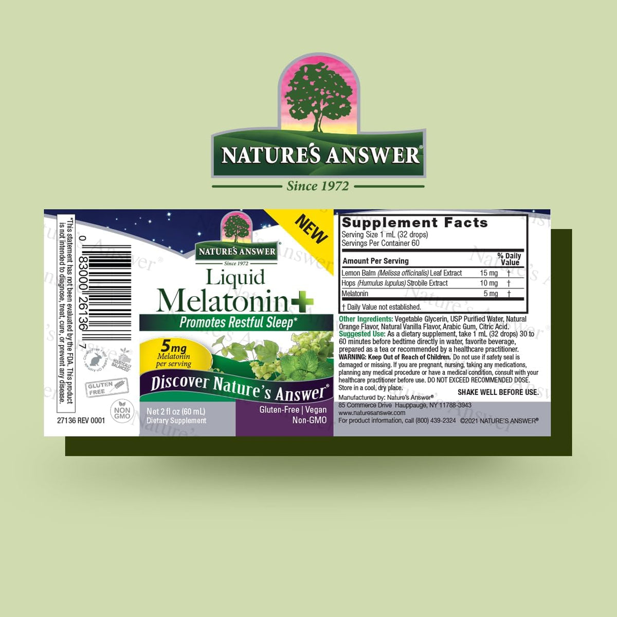 Nature&#39;s Answer Melatonin Plus Lemon Balm &amp; Hops 2 Ounce Liquid | Promotes Relaxation | Supports Sleep | Non GMO | Gluten Free | Vegan |