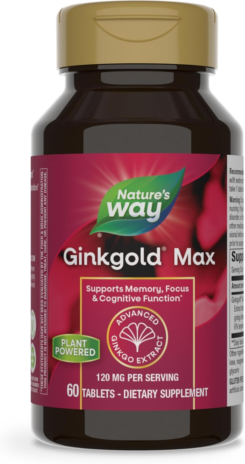 Nature's Way Ginkgold Max Advanced Ginkgo Extract, Supports Memory, Focus, and Concentration, and Cognitive Function*, Gluten free, Vegan, 60 Vegan Tablets