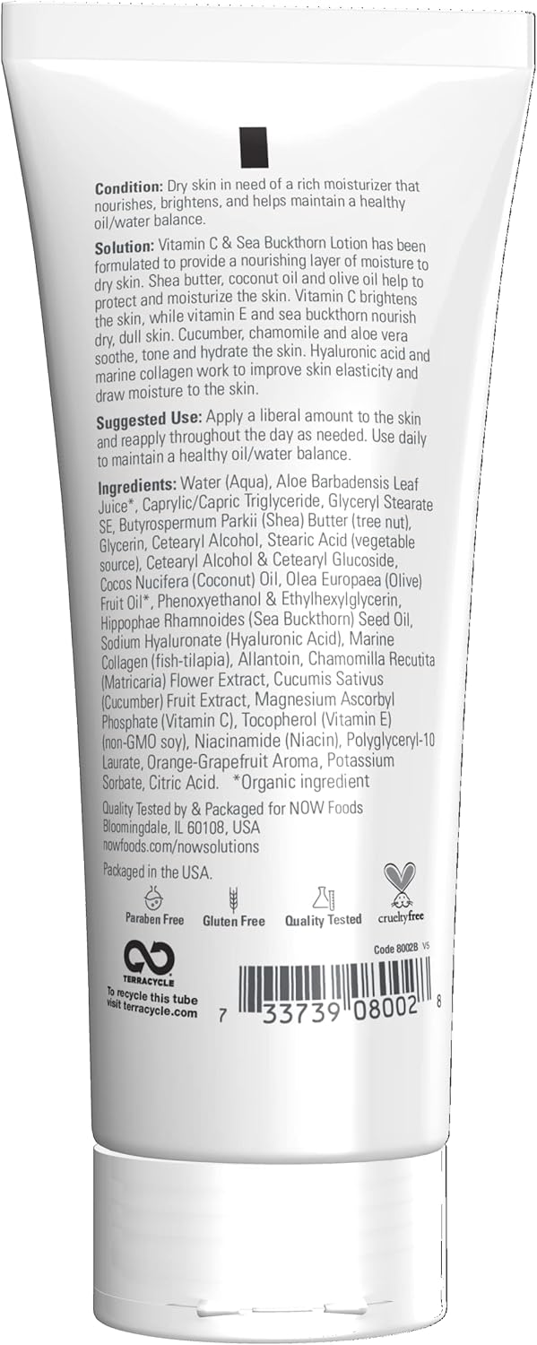 NOW Foods Solutions, Vitamin C and Sea Buckthorn Lotion, Hydrates, Repairs and Nourishes Dry Dull Skin, 8-Ounce
