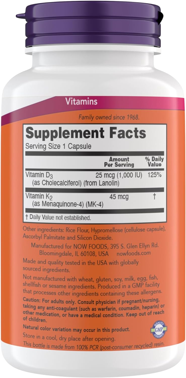 Now Supplements Vitamin D3 K2, 1,000 IU/45 mcg, Cardiovascular Support, Supports Bone Health, 180 Vegetarian Capsules - Vegan, Gluten Free, Kosher Vitamin D3 and K2 Supplements