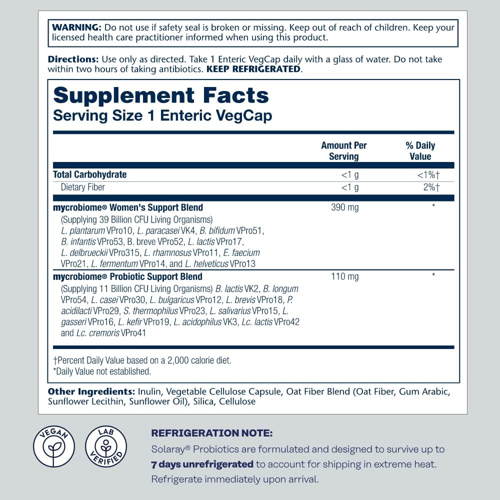 SOLARAY Mycrobiome Probiotic Women’s Formula, 24 Strains Plus Prebiotic Inulin, Specially Formulated for Women, Digestion, Mood &amp; Urinary Tract Support, 50 Billion CFU, 30 Servings, 30 VegCaps