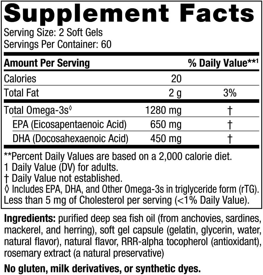 Nordic Naturals Ultimate Omega, Lemon Flavor - 120 Soft Gels - 1280 mg Omega-3 - High-Potency Fish Oil Supplement with EPA &amp; DHA - Promotes Brain &amp; Heart Health - Non-GMO - 60 Servings