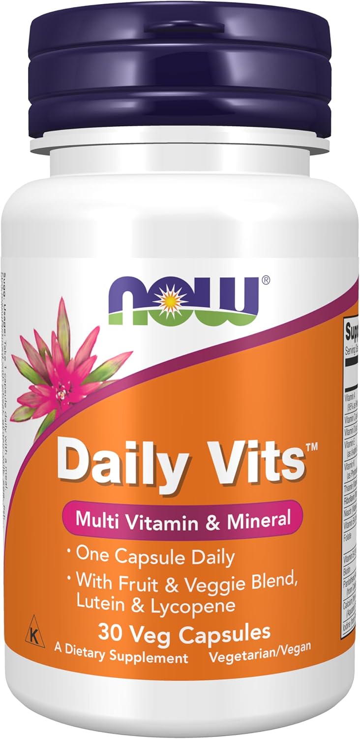 NOW Foods Supplements, Daily Vits™with Fruit &amp; Veggie Blend, Lutein and Lycopene, 30 Veg Capsules