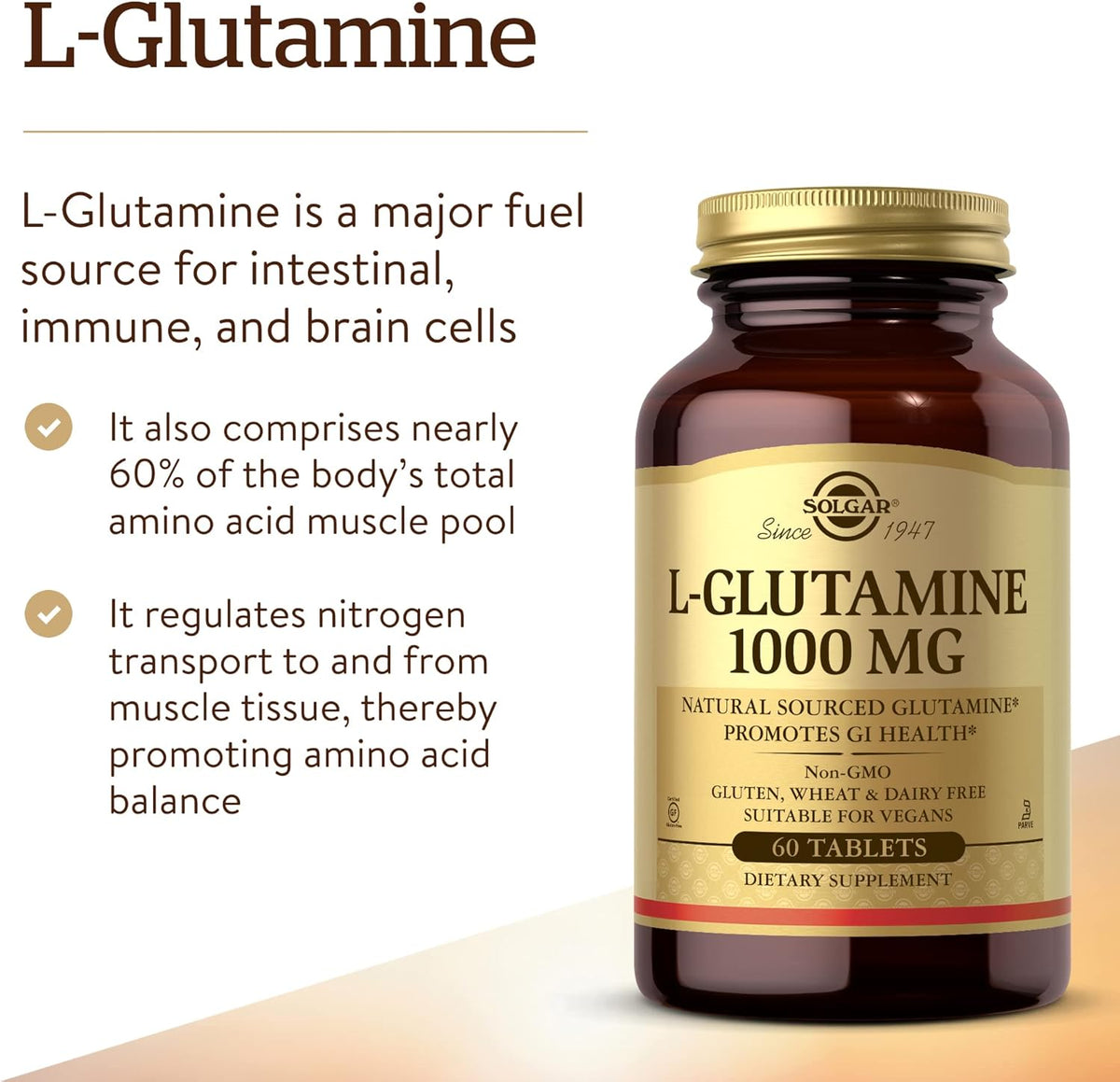 Solgar L-Glutamine 1000 mg, 60 Tablets - Natural Muscle Food - Promotes Gastrointestinal (GI) Health - Supports Brain Health - Non-GMO, Vegan, Gluten Free, Kosher - 30 Servings