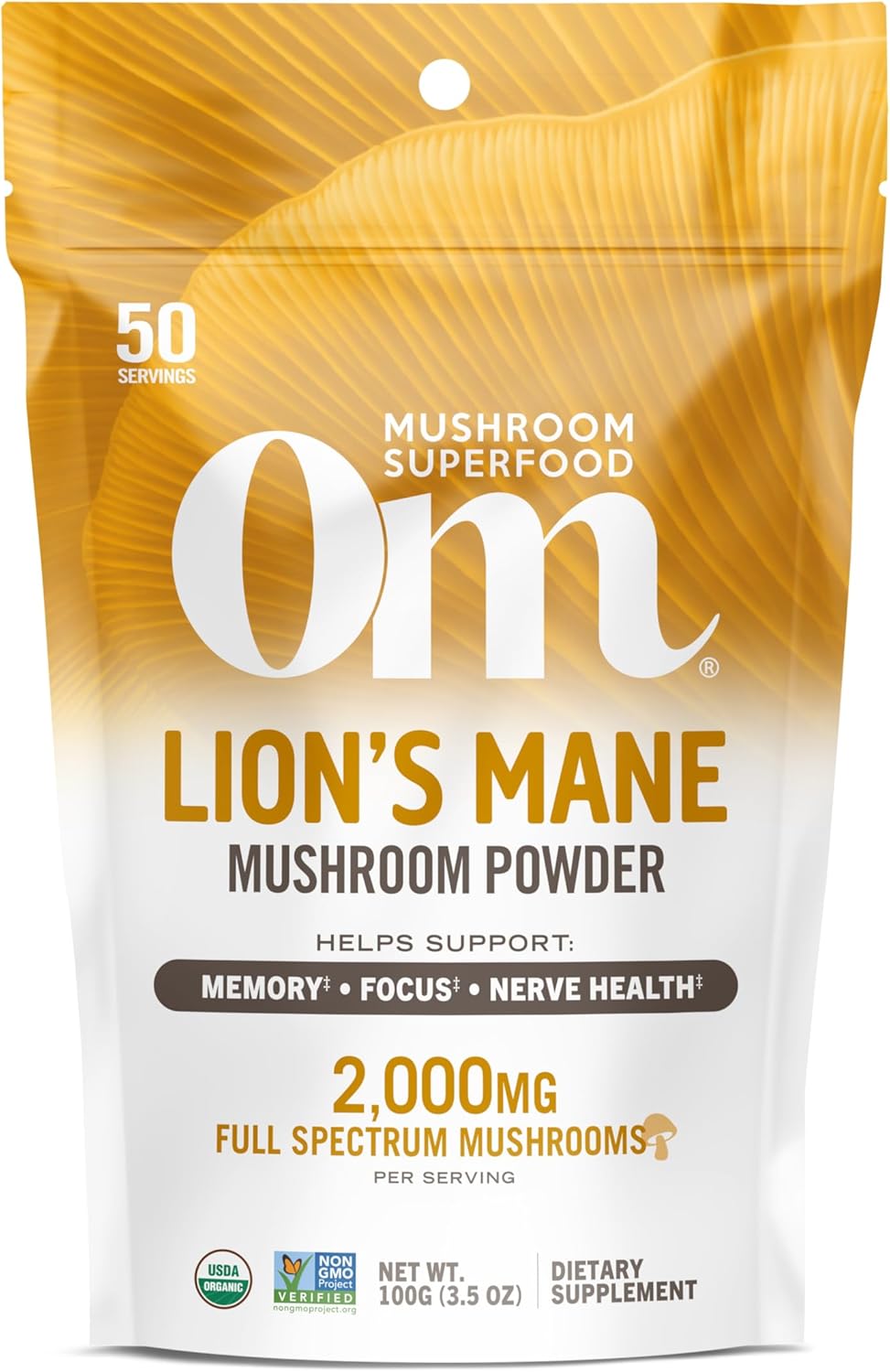 OM MUSHROOM SUPERFOOD Lion&#39;s Mane Organic Mushroom Powder, Improves Memory, Focus, Clarity, Nerve Health, and Mood Support, 3.5 oz, 50 Servings Powder Supplement Pouch