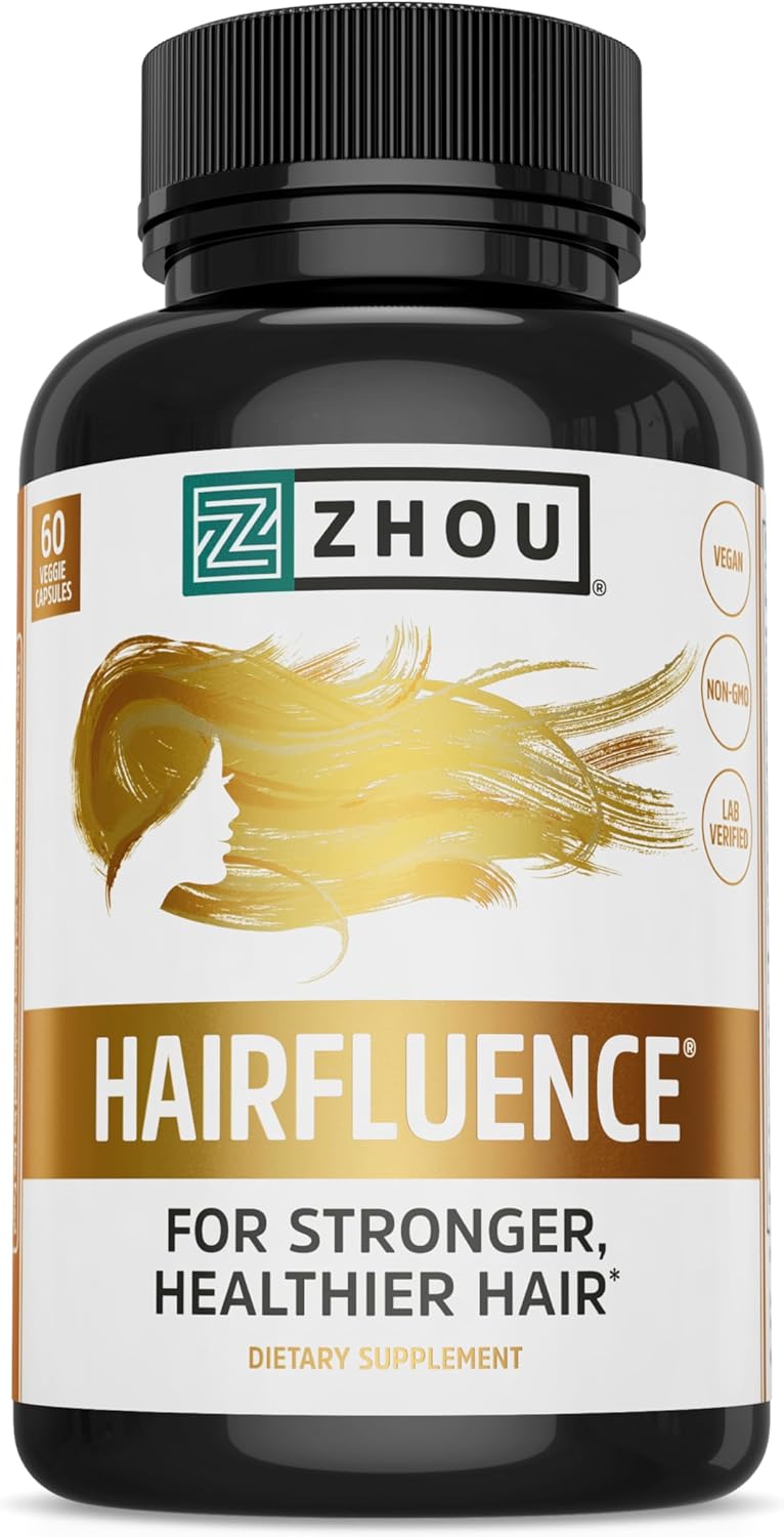 ZHOU Hairfluence, Hair Growth Supplement with Clinically Studied Lustriva and Keranat and Hair Vitamins Biotin 5000mcg, Vitamin D, A, C &amp; B12, Non-GMO, Gluten Free, 60 VegCaps