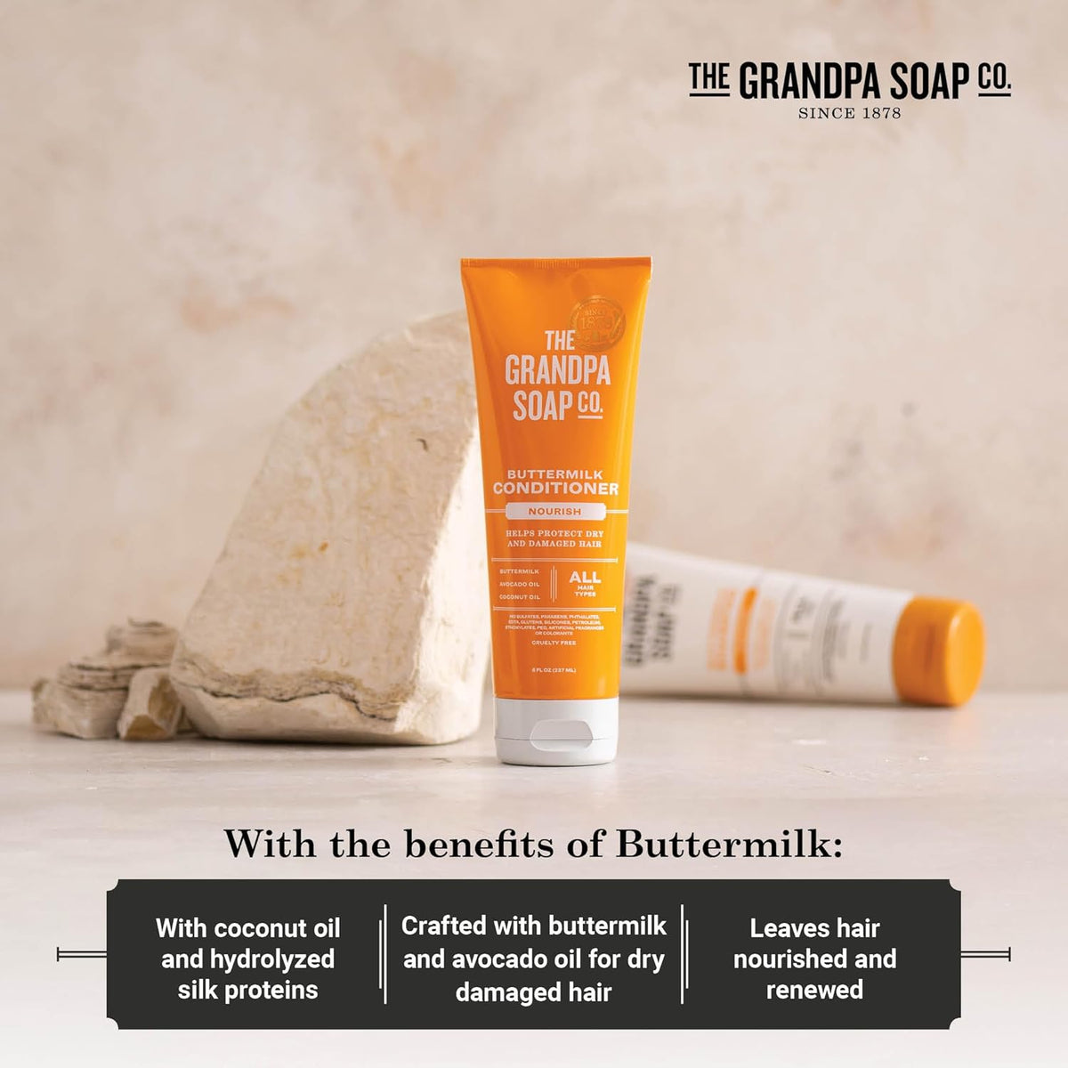 The Grandpa Soap Company Buttermilk Conditioner - Nourishing Formula to Help Strengthen and Hydrate Hair, with Coconut Oil &amp; Silk Protein, Sulfates and Parabens Free, 8 Fl Oz