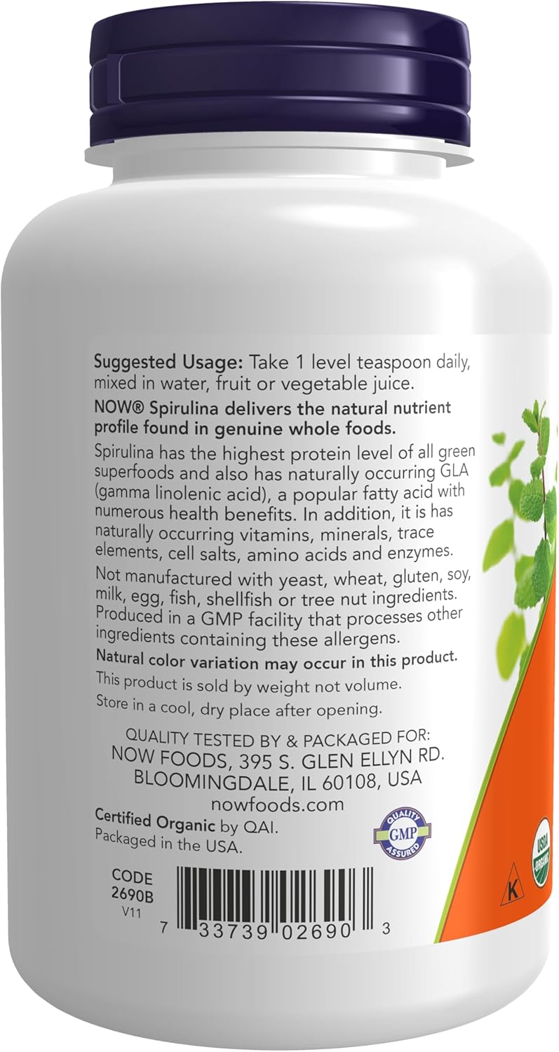 NOW Supplements, Certified Organic, Spirulina Powder, Rich in Beta-Carotene (Vitamin A) and B-12 with Naturally Occurring GLA &amp; Chlorophyll, 4-Ounce