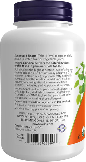 NOW Supplements, Certified Organic, Spirulina Powder, Rich in Beta-Carotene (Vitamin A) and B-12 with Naturally Occurring GLA & Chlorophyll, 4-Ounce