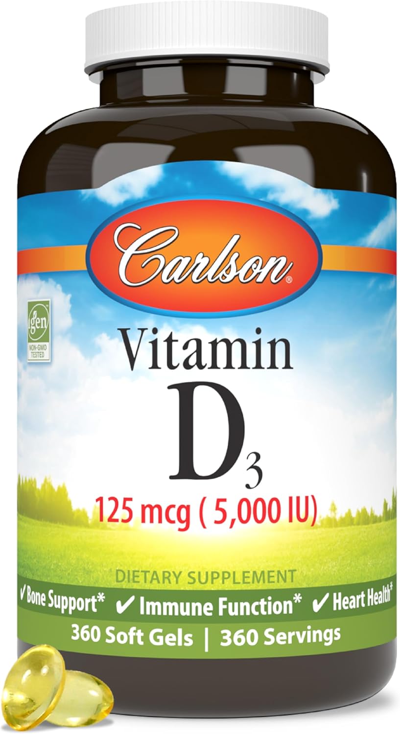 Carlson - Vitamin D3 5000 IU (125 mcg), Bone Health, Muscle Health, Cholecalciferol, Vitamin D Supplements, Vitamin D3 Soft Gels, 360 Softgels