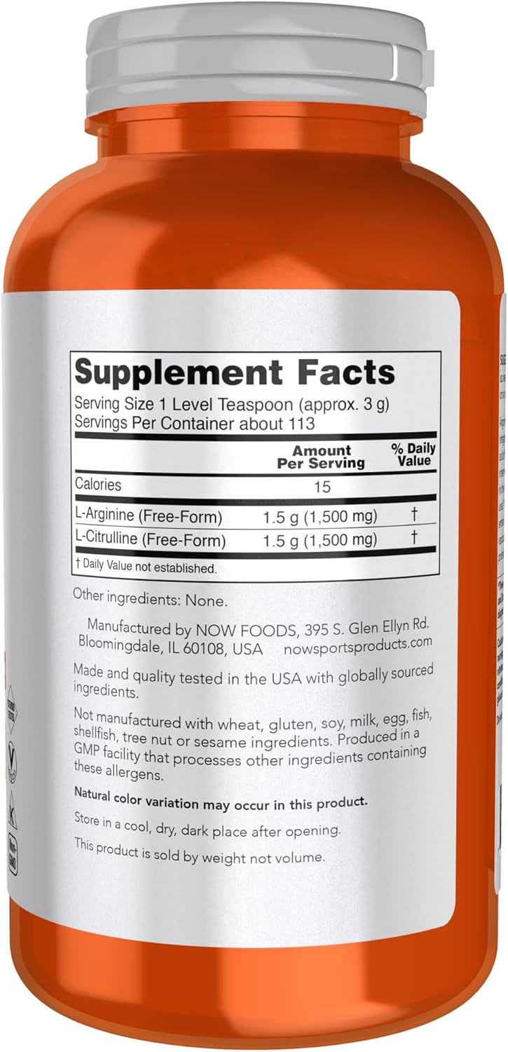 NOW Foods Sports Nutrition, Arginine &amp; Citrulline Powder, 1:1 Ratio, Amino Acid, 12-Ounce