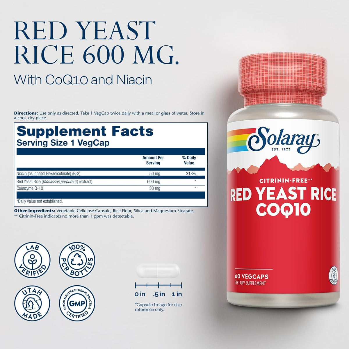 SOLARAY Red Yeast Rice Plus CoQ-10 &amp; No-Flush Niacin Vitamin B-3, Healthy Heart &amp; Cardiovascular Support, Non-Irradiated &amp; Citrinin Free, 60 Day Money Back Guarantee, 60 Servings, 60 VegCaps