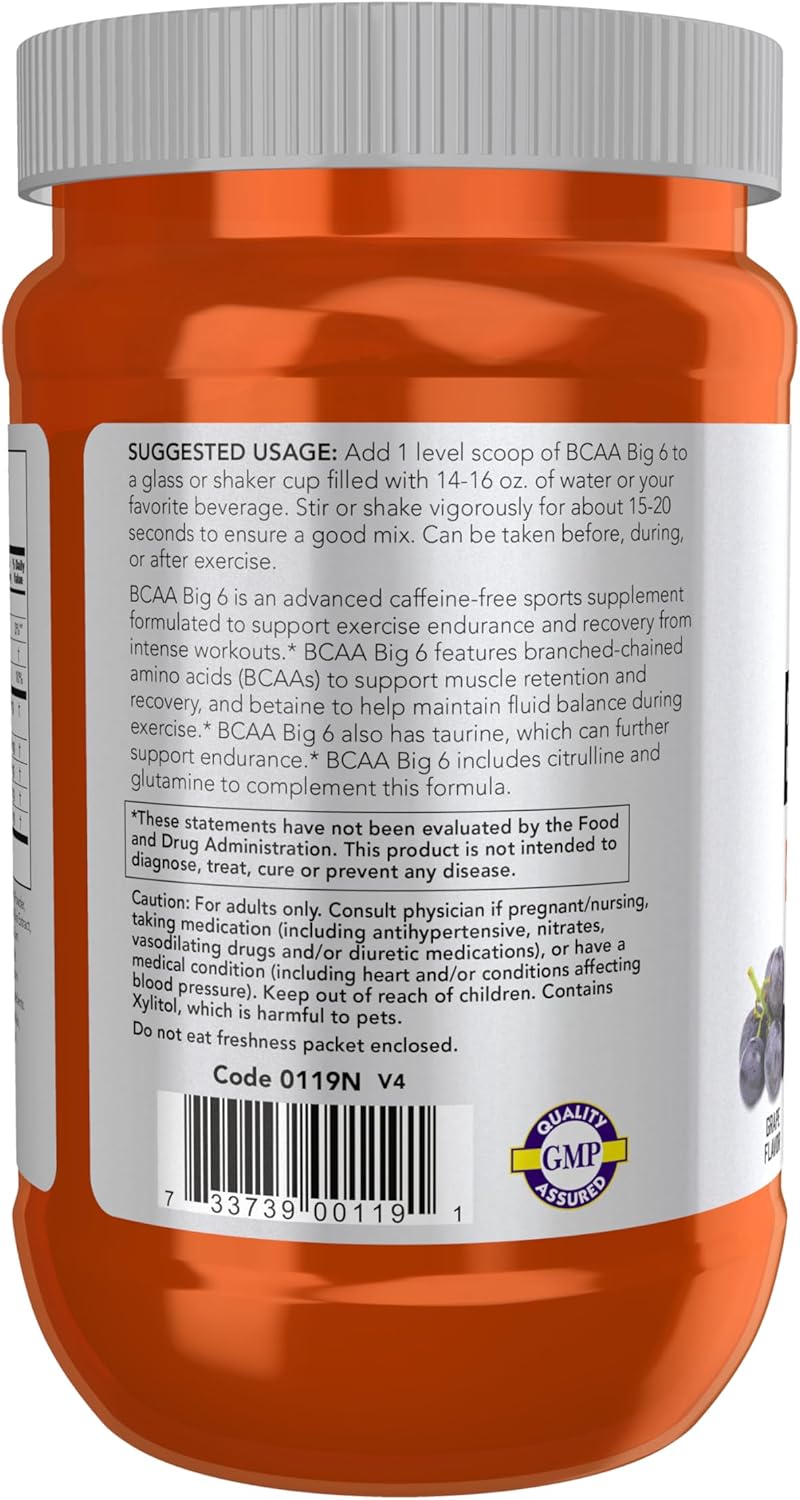 NOW Foods Sports Nutrition, BCAA (Branched Chain Amino Acids) Big 6, Grape Flavor, 600 Grams