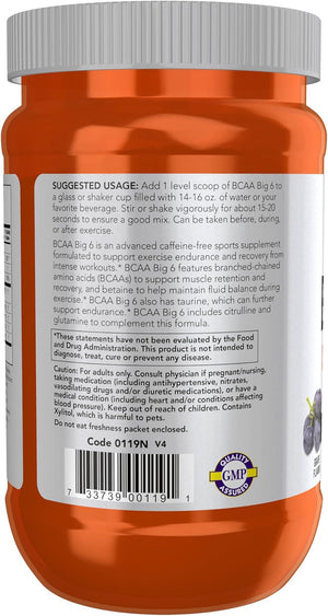 NOW Foods Sports Nutrition, BCAA (Branched Chain Amino Acids) Big 6, Grape Flavor, 600 Grams