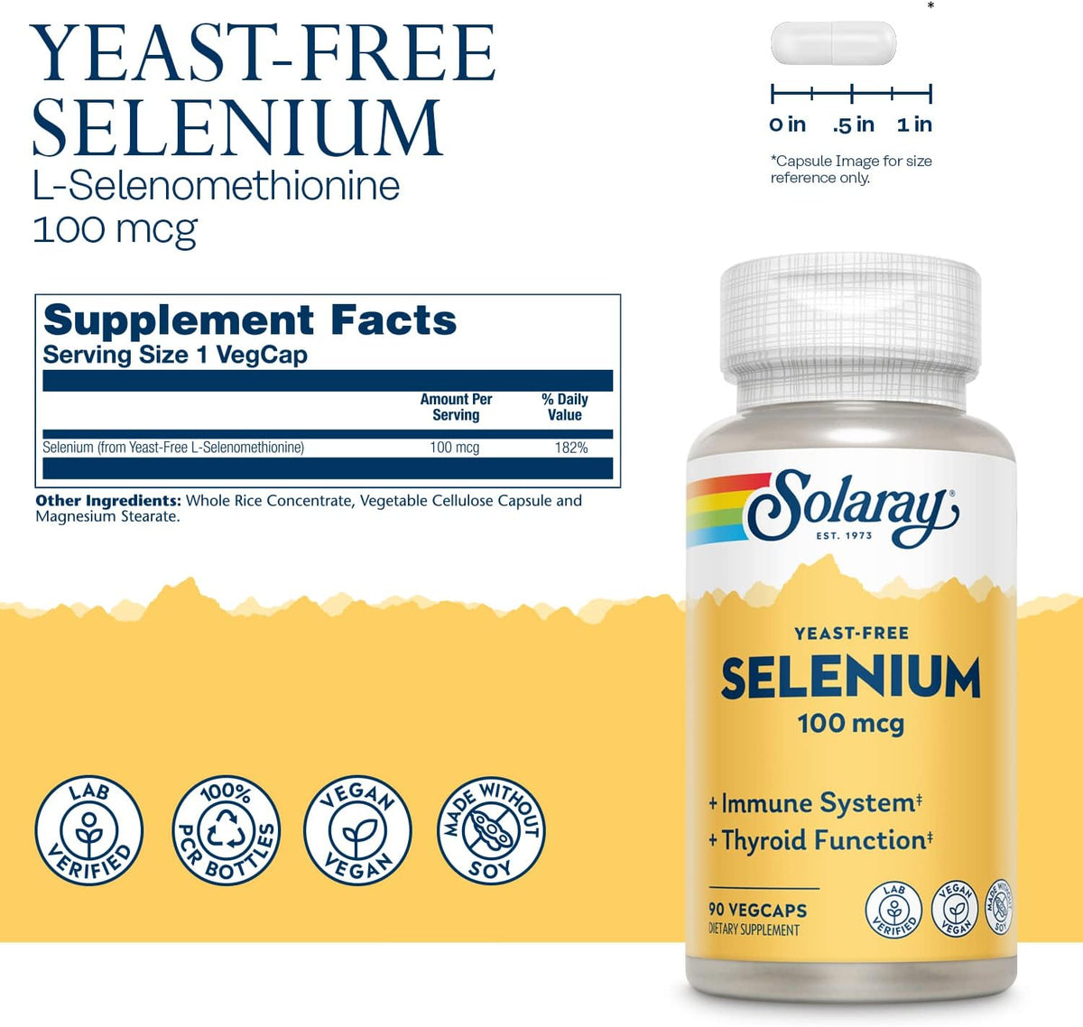 Solaray Yeast Free Selenium 100mcg, Healthy Immune &amp; Thyroid Function Support, Enhanced Absorption, 90 Serv, 90 VegCaps