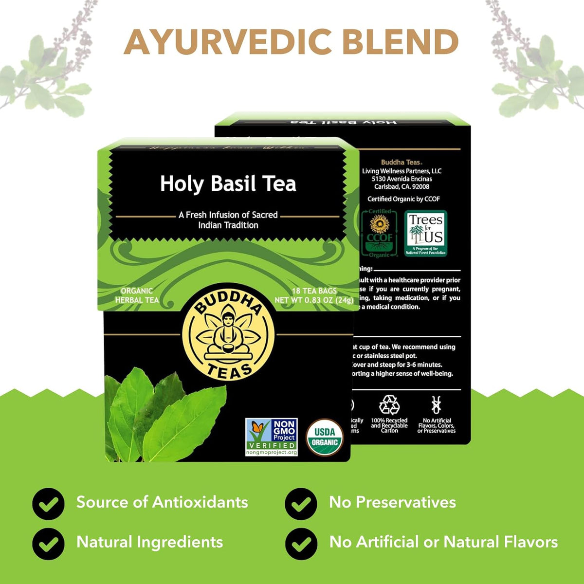 Buddha Teas Organic Holy Basil (Tulsi) Tea - OU Kosher, USDA Organic, CCOF Organic, 18 Bleach-Free Tea Bag