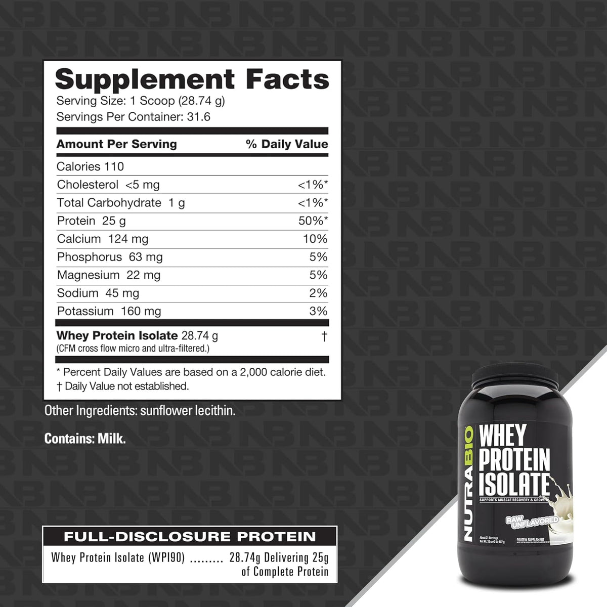 NutraBio 100% Whey Protein Isolate Protein Powder – 25g Protein with Complete Amino Acid Profile, Non-GMO, Soy and Gluten Free, Low Carb and Low Calorie Whey Protein Powder - Raw Unflavored - 2 Lbs.