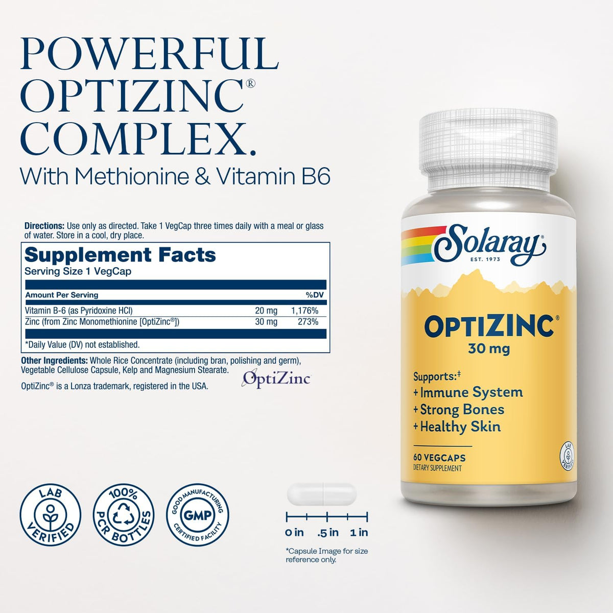 Solaray OptiZinc 30mg Immune Support Supplement, Chelated Zinc Capsules, Endocrine Systems and Cellular Health Support, with Methionine, Vitamin B6 and NO Copper, 60-Day Guarantee, 60 Serv, 60 VegCaps