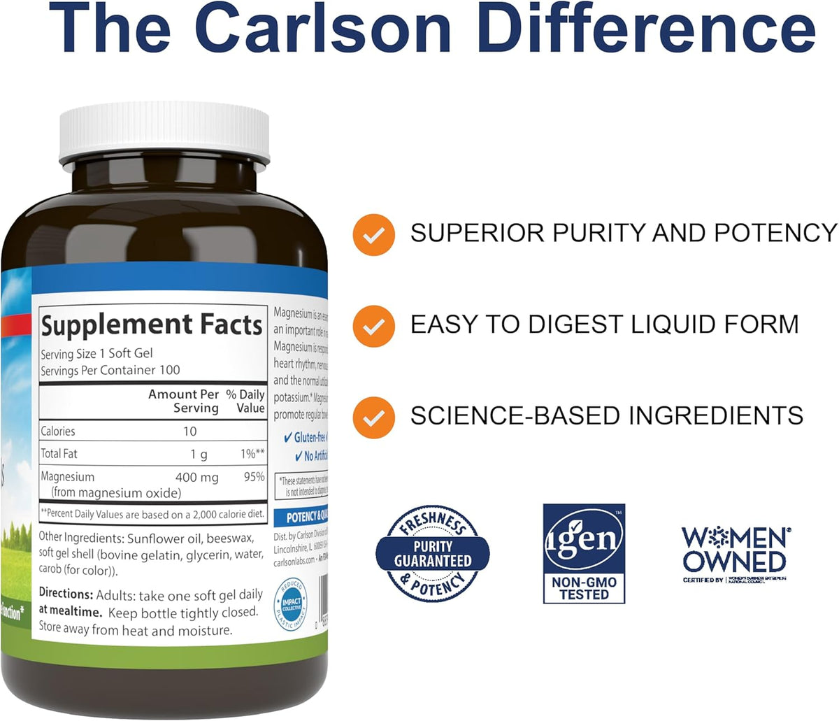 Carlson - Magnesium Gels, 400 mg of Magnesium per Softgel, Heart &amp; Muscle Support, Magnesium Gel Caps, Bowel Function, Magnesium Supplement, 100 Softgels