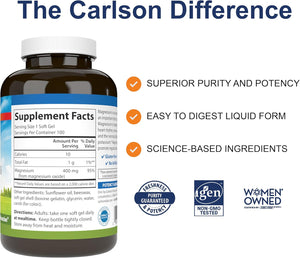 Carlson - Magnesium Gels, 400 mg of Magnesium per Softgel, Heart & Muscle Support, Magnesium Gel Caps, Bowel Function, Magnesium Supplement, 100 Softgels