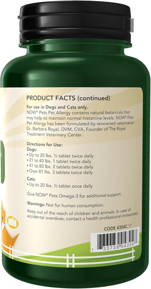 NOW Foods Pet Health, Pet Allergy Supplement, Formulated for Cats & Dogs, NASC Certified, 75 Chewable Tablets