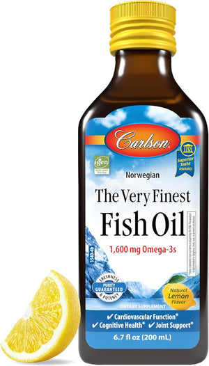 Carlson - The Very Finest Fish Oil, 1600 mg Omega-3s, Liquid Fish Oil Supplement, Norwegian Fish Oil, Wild-Caught, Sustainably Sourced Fish Oil Liquid, Lemon, 200ml, 6.7 Fl Oz