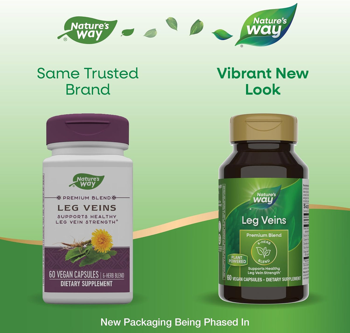 Nature&#39;s Way Leg Veins, Supports Healthy Leg Vein Strength*, 6-Herb Blend, With Horse Chestnut Extract, Dandelion, Gluten Free, 60 Vegan Capsules