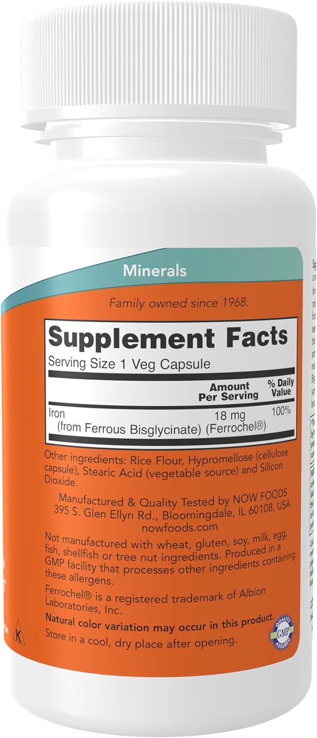 NOW Supplements, Iron 18 mg, Non-Constipating*, Essential Mineral, 120 veg Capsules