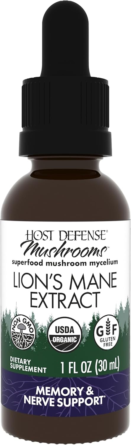Host Defense Mushrooms Lion&#39;s Mane Extract - Lion&#39;s Mane Liquid Supplement for Brain Health - Mushroom Support for Focus &amp; Memory Function - Immune &amp; Nervous System Support - 1 fl oz (30 Servings)