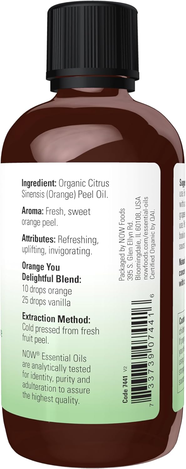NOW Essential Oils, Organic Orange Oil, Uplifting Aromatherapy Scent, Cold Pressed, 100% Pure, Vegan, Child Resistant Cap, 4-Ounce