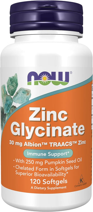 NOW Foods Supplements, Zinc Glycinate with 250 mg Pumpkin Seed Oil, Supports Prostate Health*, 120 Softgels