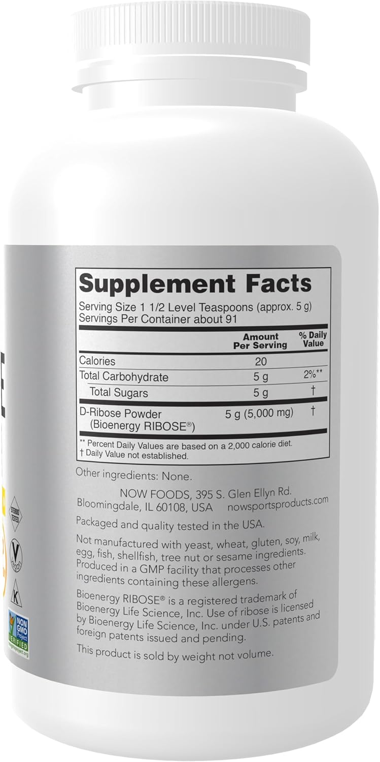 NOW Foods Sports Nutrition, D-Ribose Powder 5000 mg, Certified Non-GMO, Energy Production*, 16-Ounce