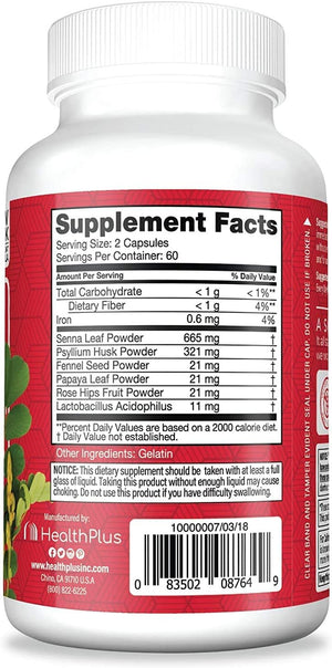 Health Plus Super Colon Cleanse 30 Day Supply of Gentle Gut Cleanse Detox, Psyllium Husk, Probiotics for Constipation Relief & Digestive Support, 120 Capsules