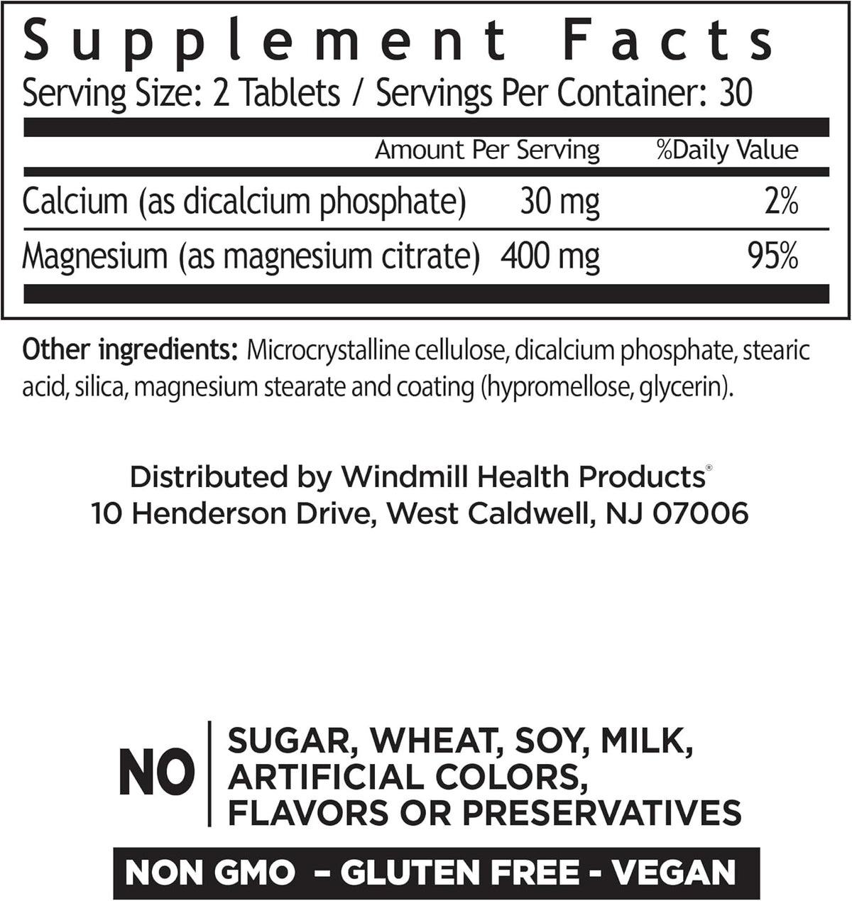 Windmill Natural Vitamins Magnesium Citrate 400 mg, Immune Support, Supports Muscle Recovery, Supports Healthy Heart, 60 Count, 30 Servings