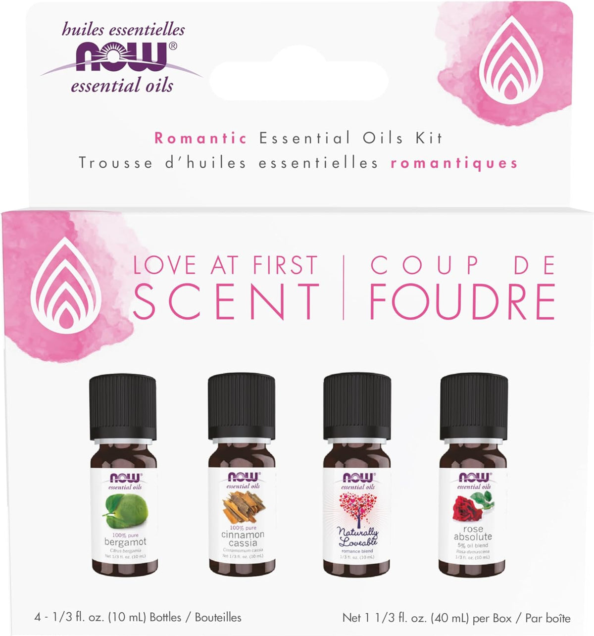 NOW Essential Oils, Love at First Scent Aromatherapy Kit, 4x10ml Including Bergamot, Cinnamon Cassia, Rose Absolute and our Naturally Loveable Essential Oil Blend With Child Resistant Caps