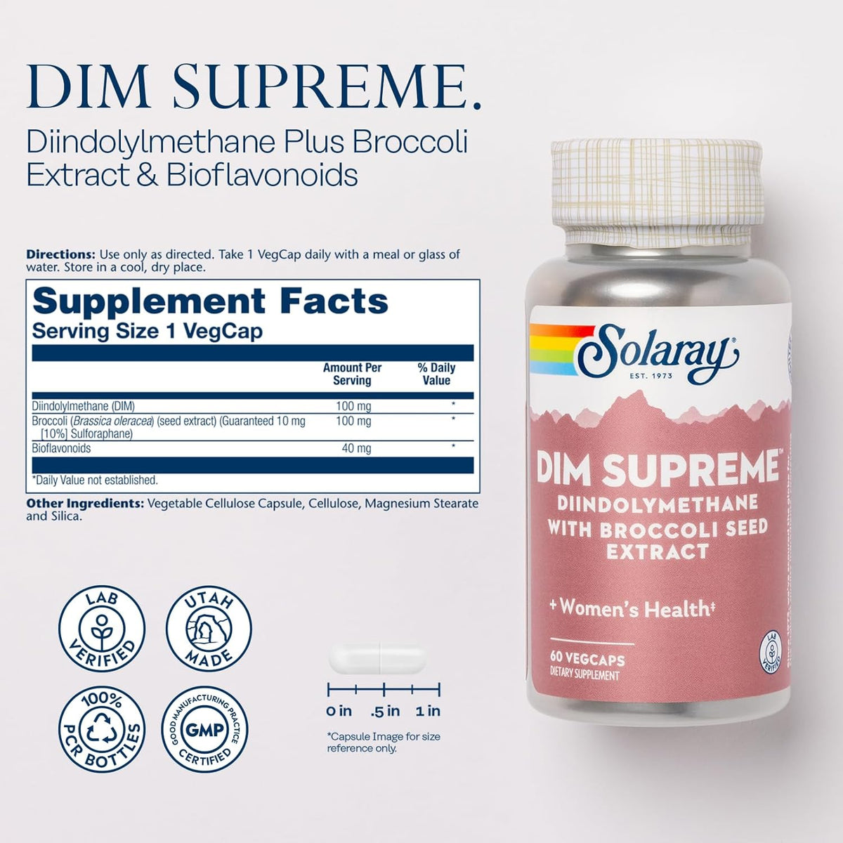 SOLARAY DIM Supreme - DIM Supplement 100mg - Diindolylmethane DIM Complex with Broccoli Seed Extract and Bioflavonoids - Women&#39;s Health and Balance Support - 60-Day Guarantee - 60 Servings, 60 VegCaps