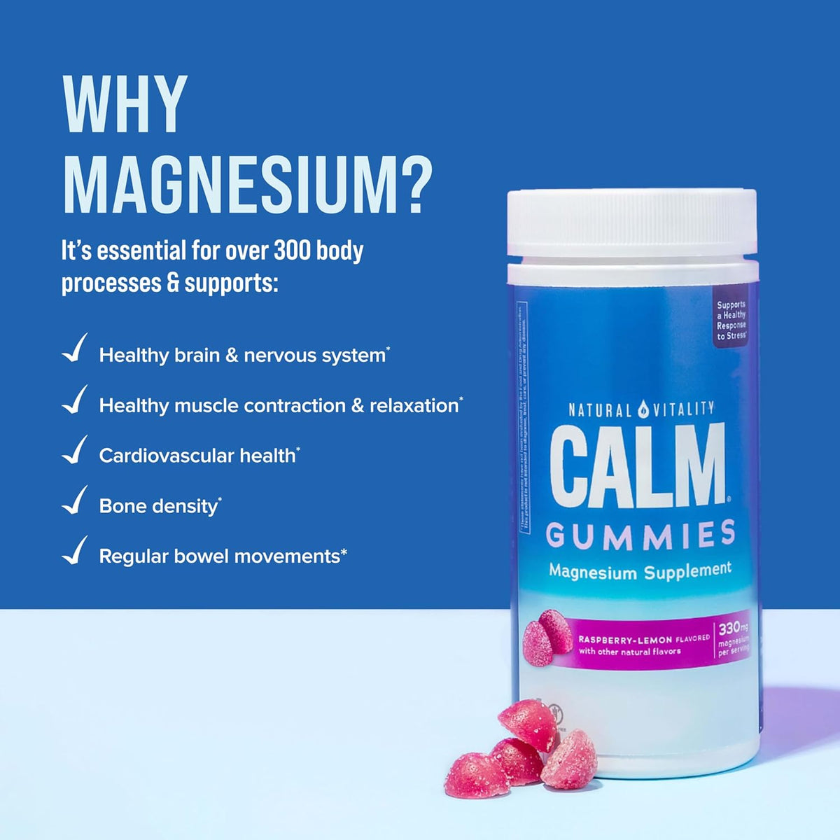 Natural Vitality CALM, Magnesium Citrate Supplement, Stress Relief Gummies, Supports a Healthy Response to Stress, Gluten Free, Vegan, Raspberry Lemon Flavored, 120 Gummies