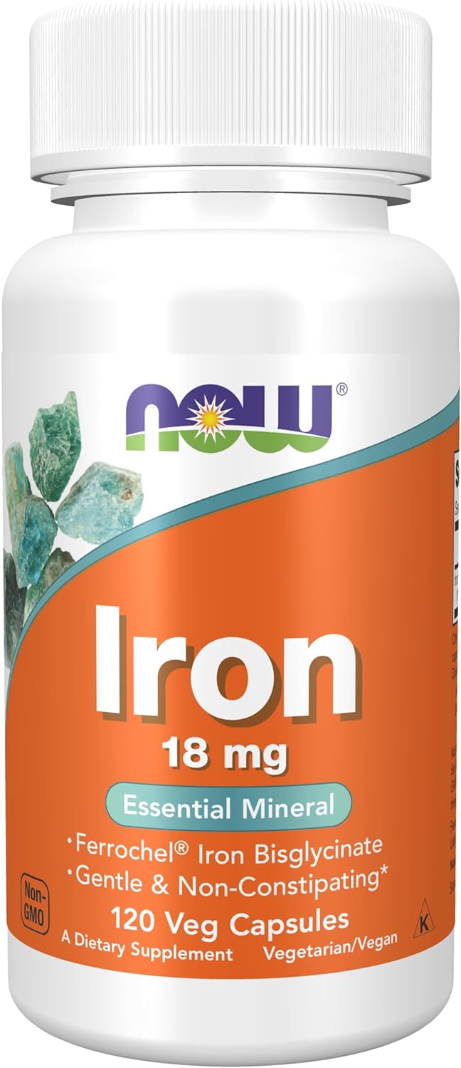 NOW Supplements, Iron 18 mg, Non-Constipating*, Essential Mineral, 120 veg Capsules