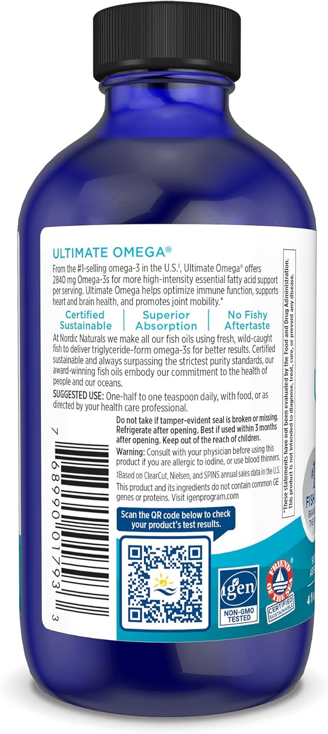 Nordic Naturals Ultimate Omega Liquid, Lemon Flavor - 4 oz - 2840 mg Omega-3 - High-Potency Fish Oil Supplement with EPA &amp; DHA - Promotes Brain &amp; Heart Health - Non-GMO - 24 Servings